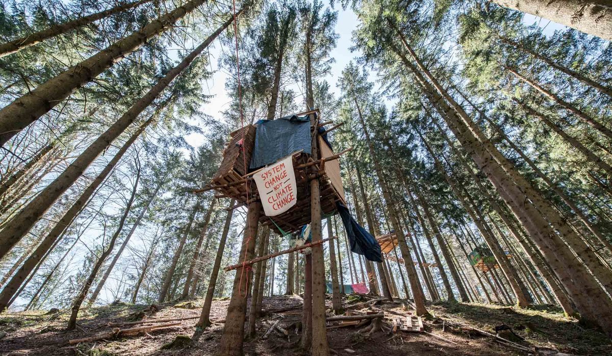 Baumbesetzung im Altdorfer Wald gegen Kiesabbau. Wenn Windräder kommen, wäre das in Ordnung für die Aktivis. Foto: Jens Volle