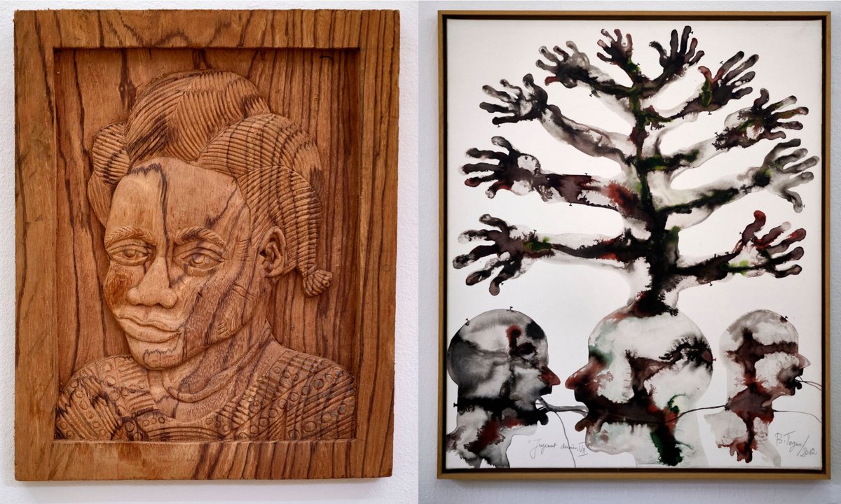 Links ein Relief-Porträt aus dem harten, gestreiften Zebranoholz, rechts ein Werk aus der Reihe "Jugement dernier", letztes Gericht.
